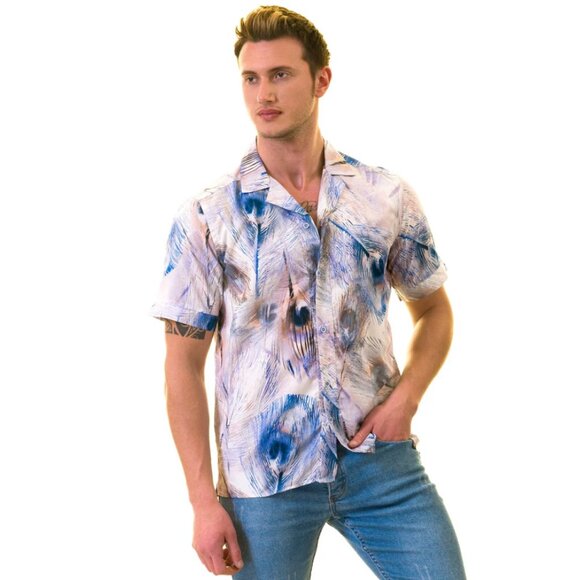 Gravity Button Up Shirt Mens Size XL Button Up Peacock Feathers Short Sleeve - Picture 1 of 15